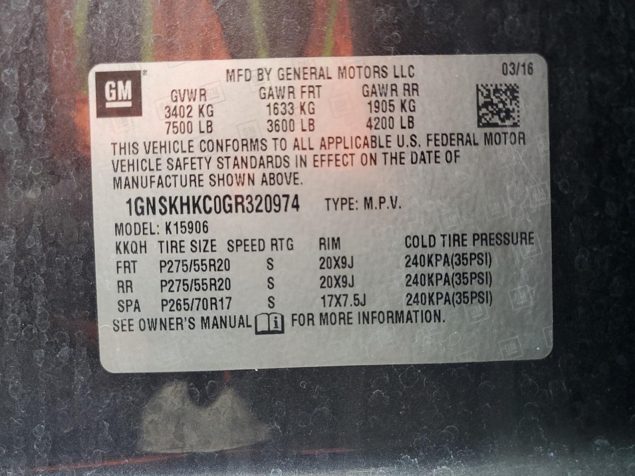 2016 Chevrolet Suburban K1500 Lt VIN: 1GNSKHKC0GR320974 Lot: 81860775