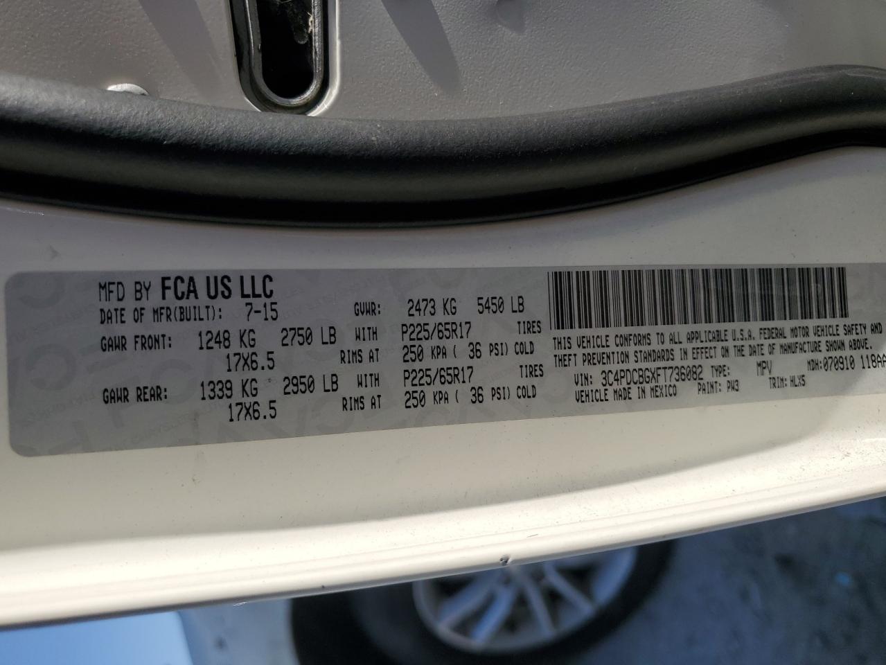 2015 Dodge Journey Sxt VIN: 3C4PDCBGXFT736082 Lot: 83754045