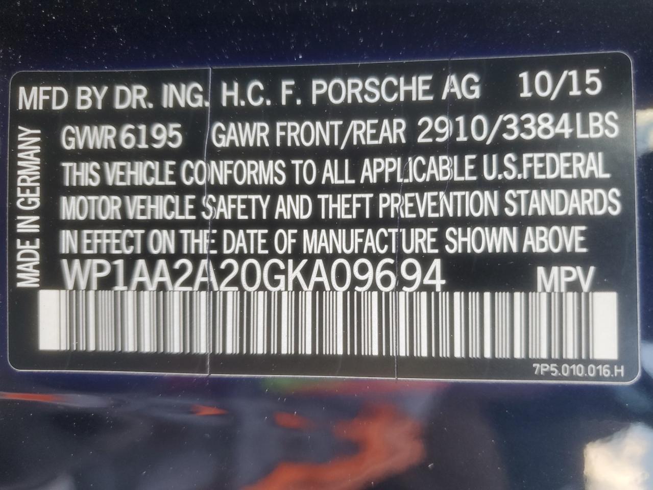 2016 Porsche Cayenne VIN: WP1AA2A20GKA09694 Lot: 71086245