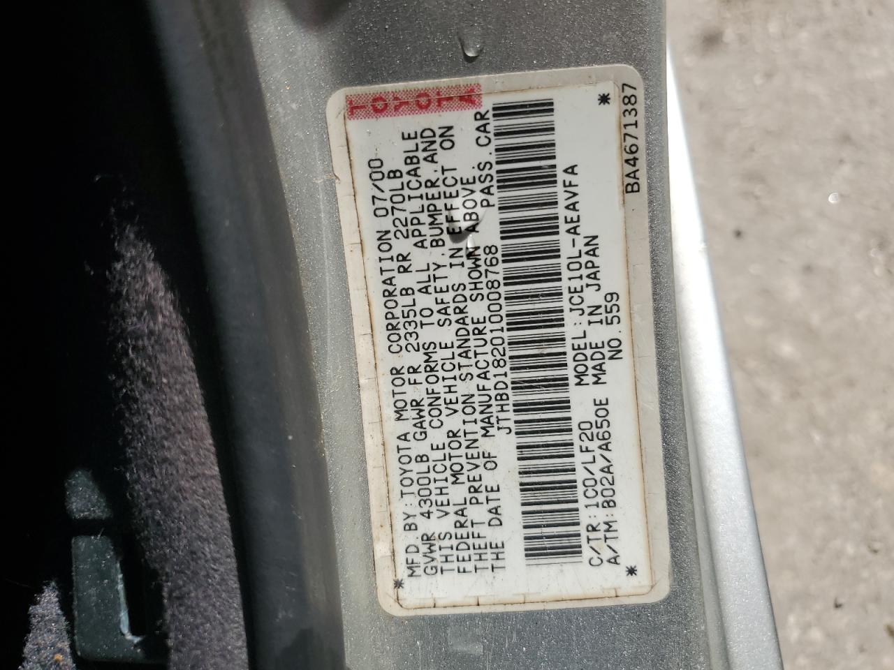 2001 Lexus Is 300 VIN: JTHBD182010008768 Lot: 71898955