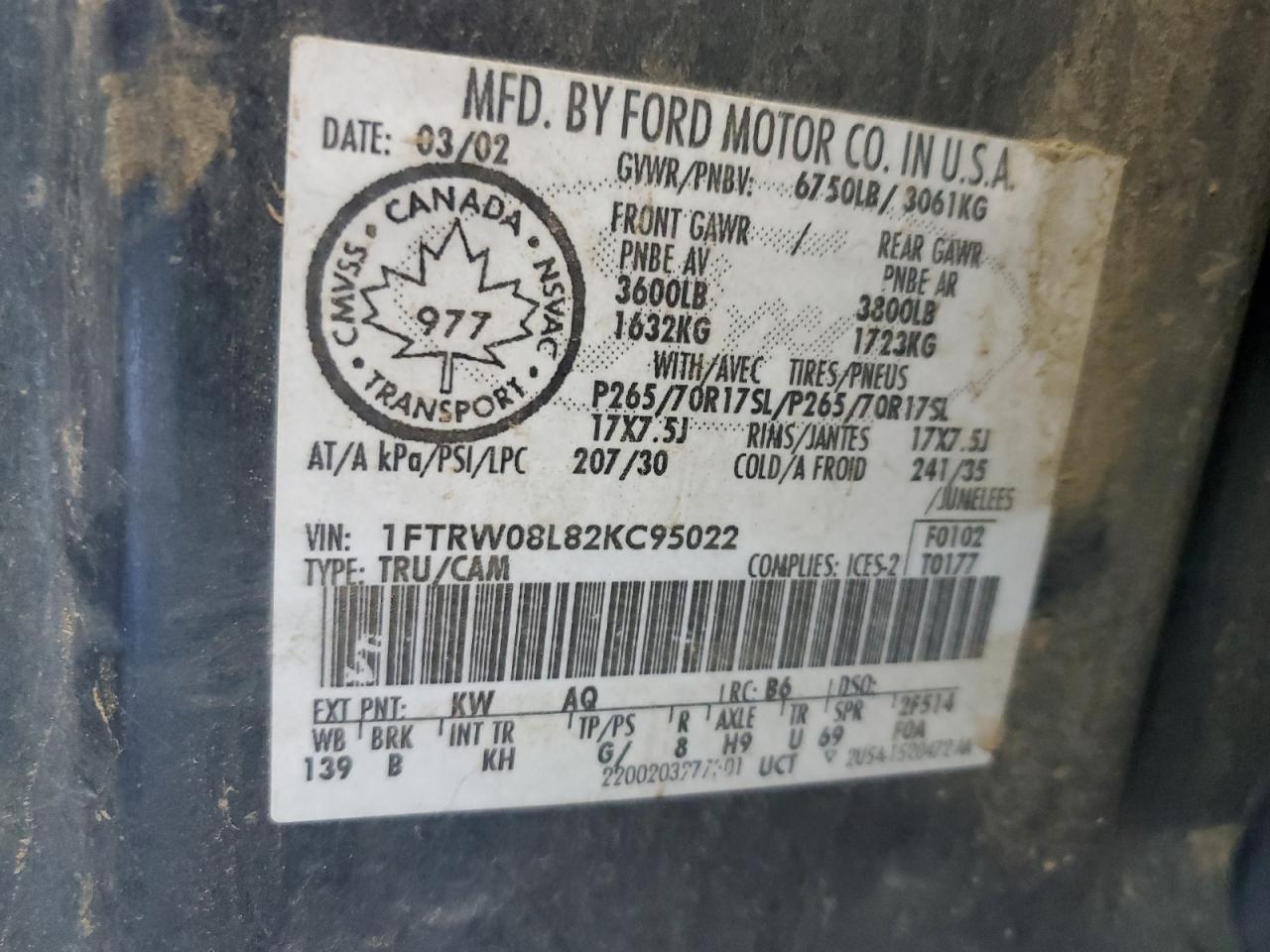 2002 Ford F150 Supercrew VIN: 1FTRW08L82KC95022 Lot: 80537415