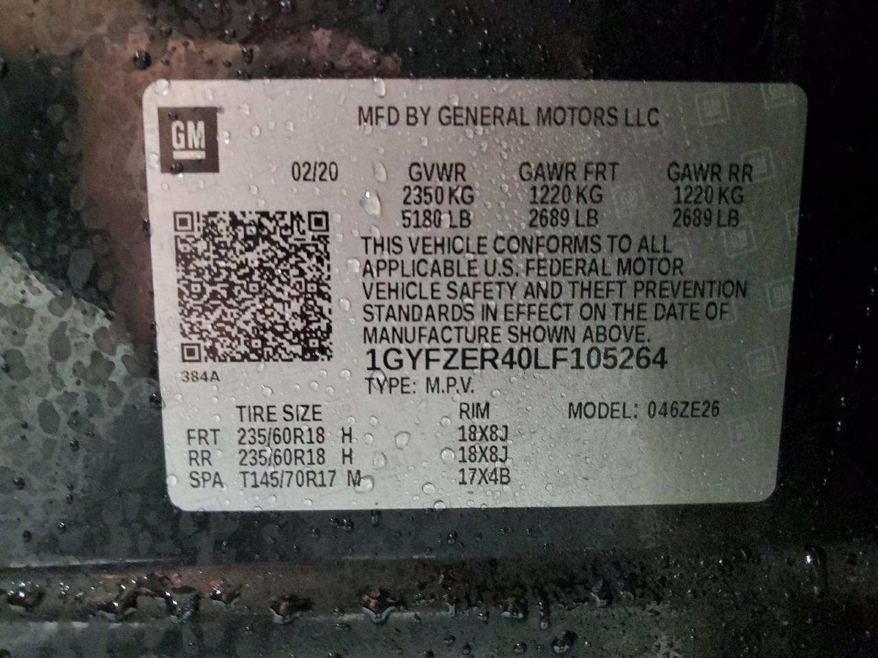 2020 Cadillac Xt4 Sport VIN: 1GYFZER40LF105264 Lot: 71264355