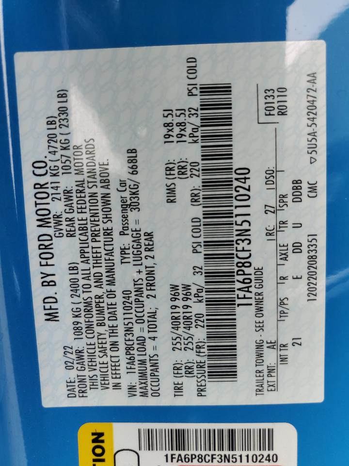 2022 Ford Mustang Gt VIN: 1FA6P8CF3N5110240 Lot: 72098325