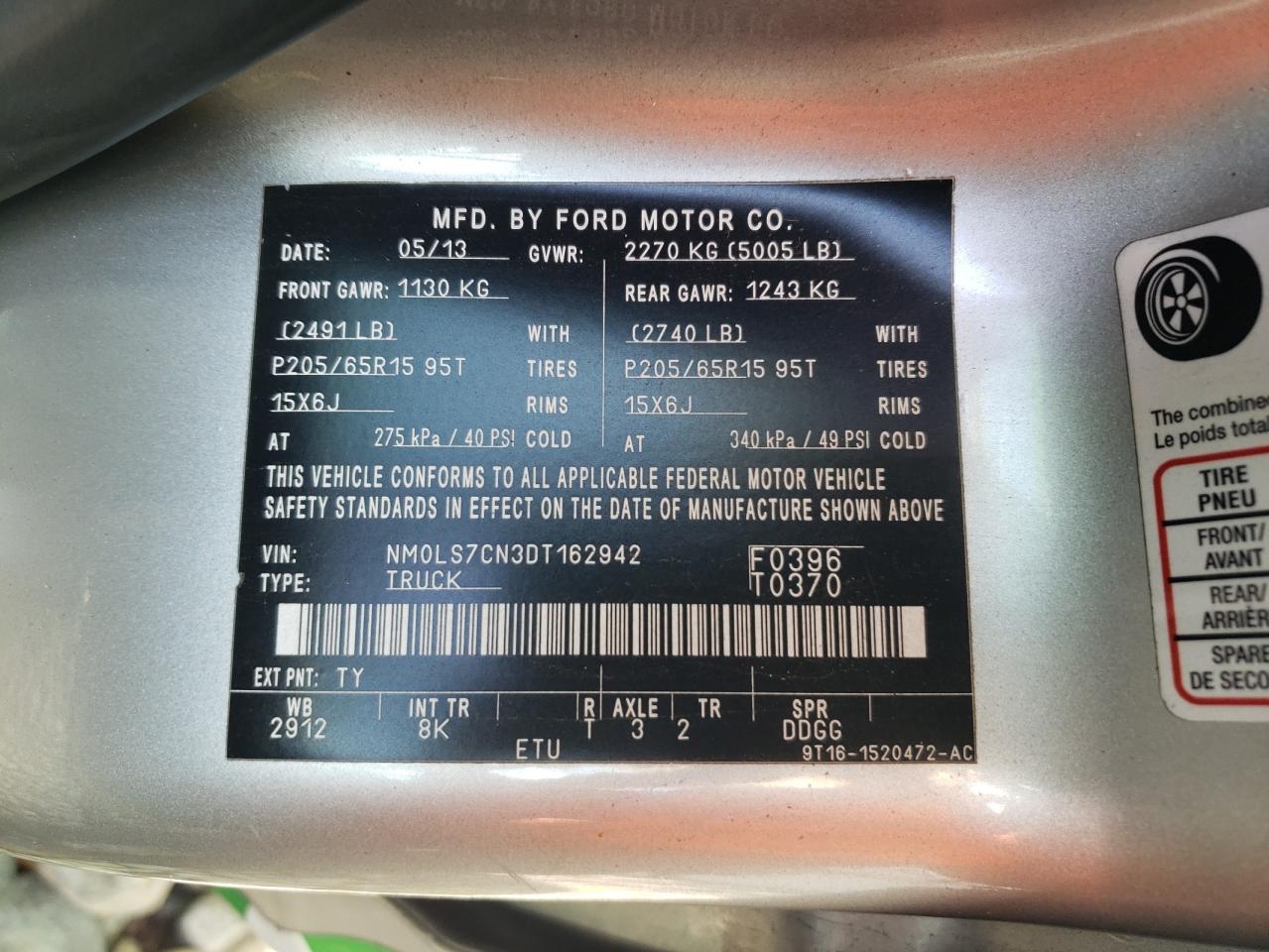 2013 Ford Transit Connect Xl VIN: NM0LS7CN3DT162942 Lot: 80633245