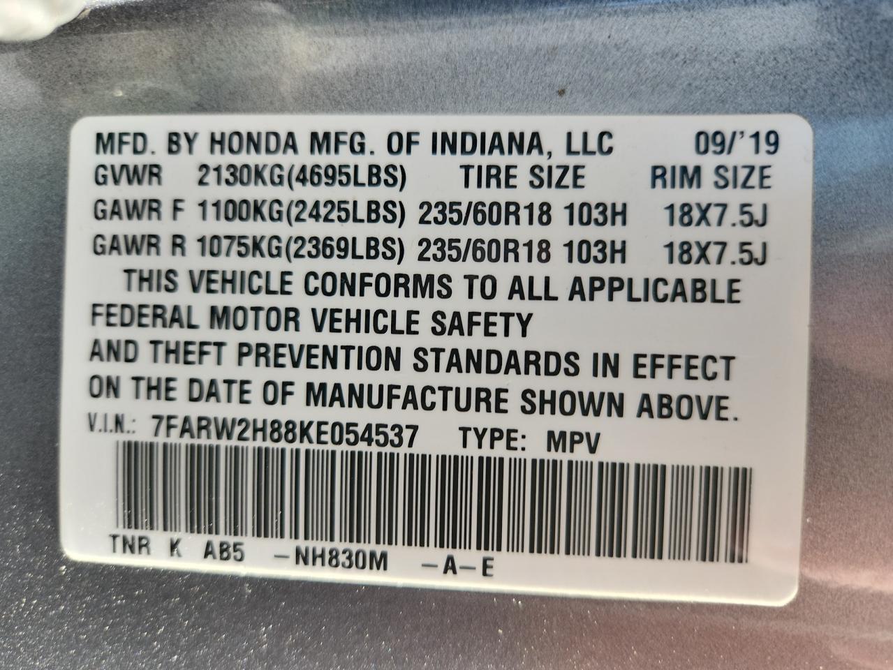 2019 Honda Cr-V Exl VIN: 7FARW2H88KE054537 Lot: 84269585