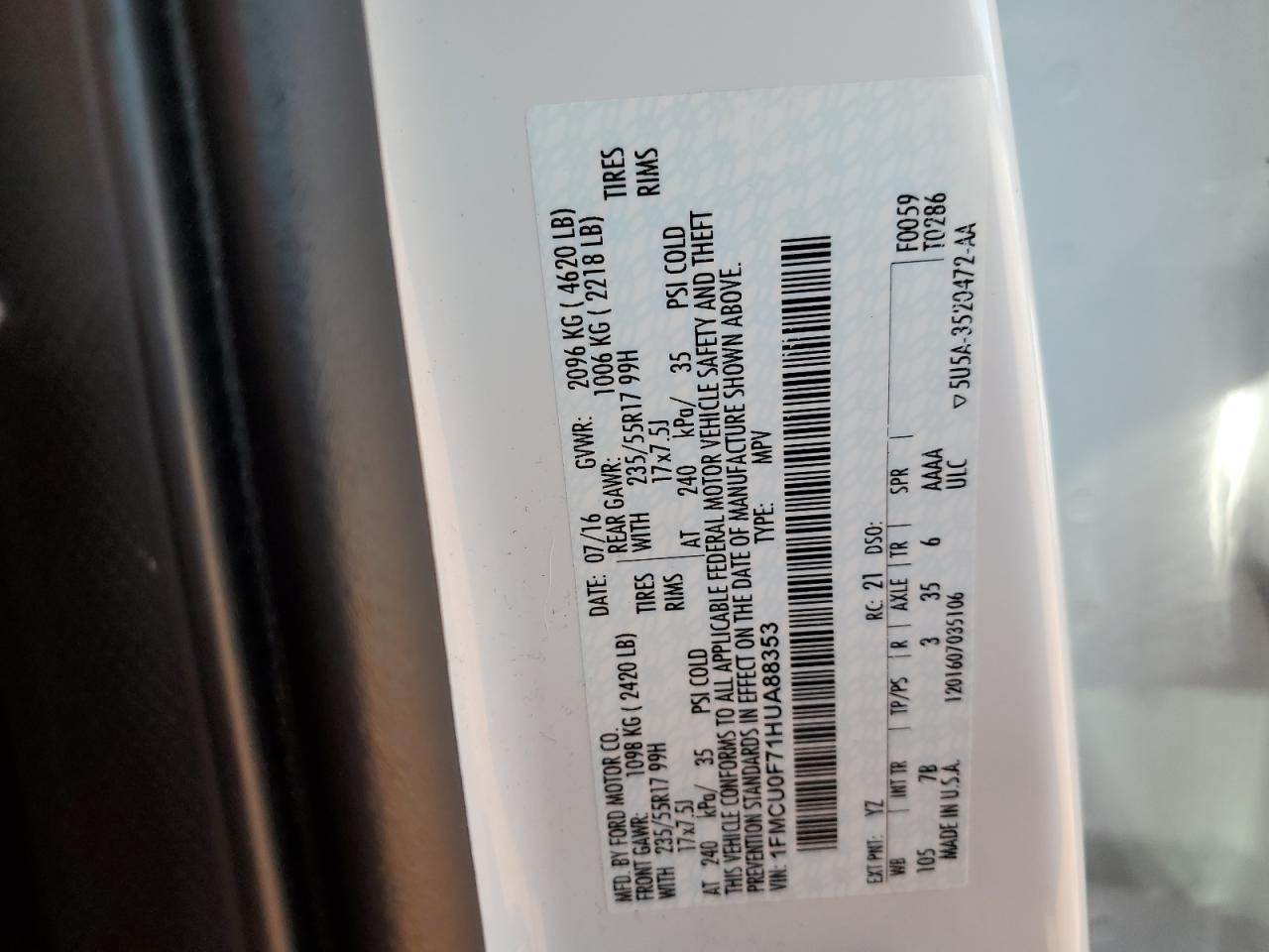 2017 Ford Escape S VIN: 1FMCU0F71HUA88353 Lot: 81199955