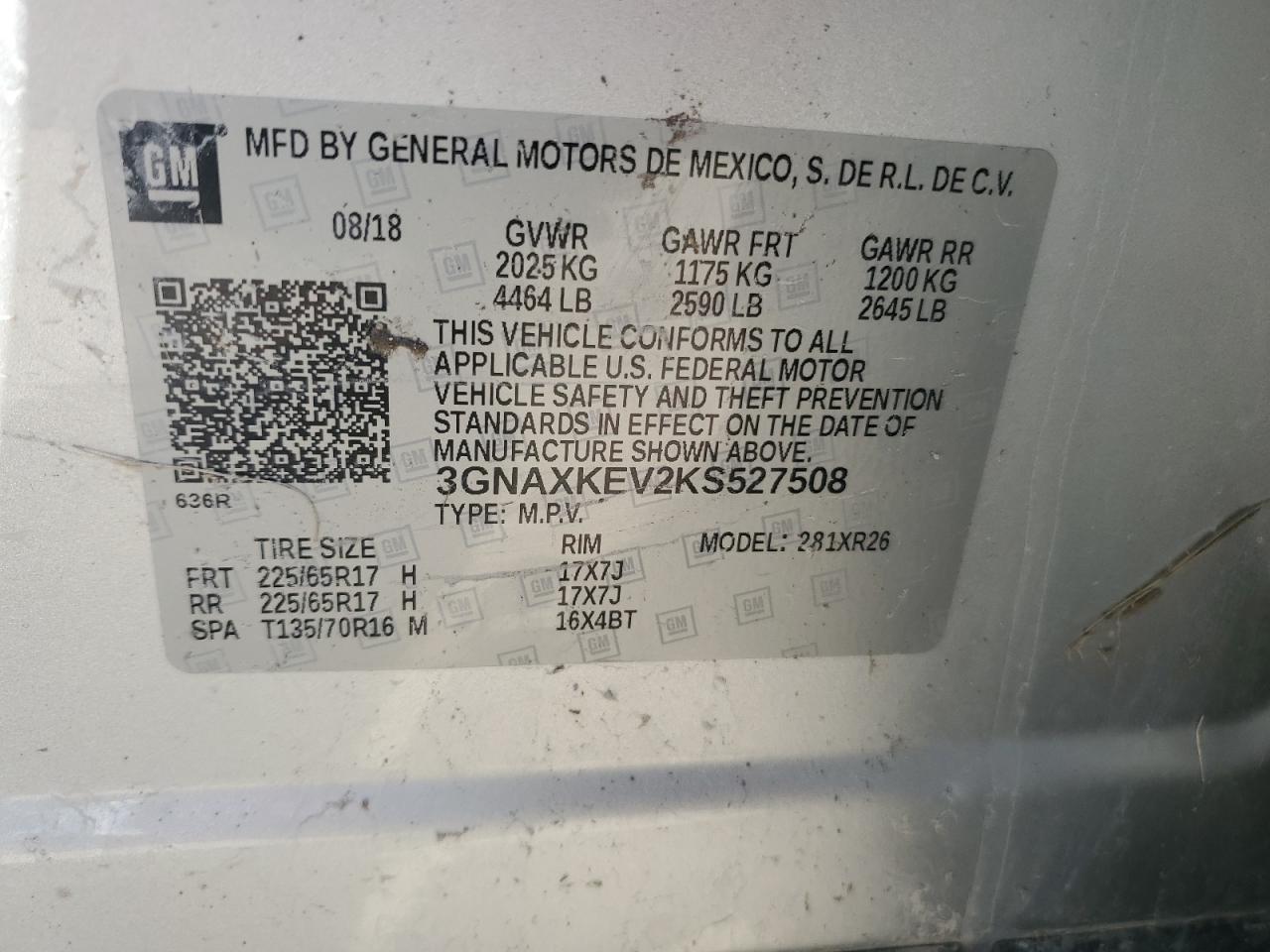 2019 Chevrolet Equinox Lt VIN: 3GNAXKEV2KS527508 Lot: 84206615