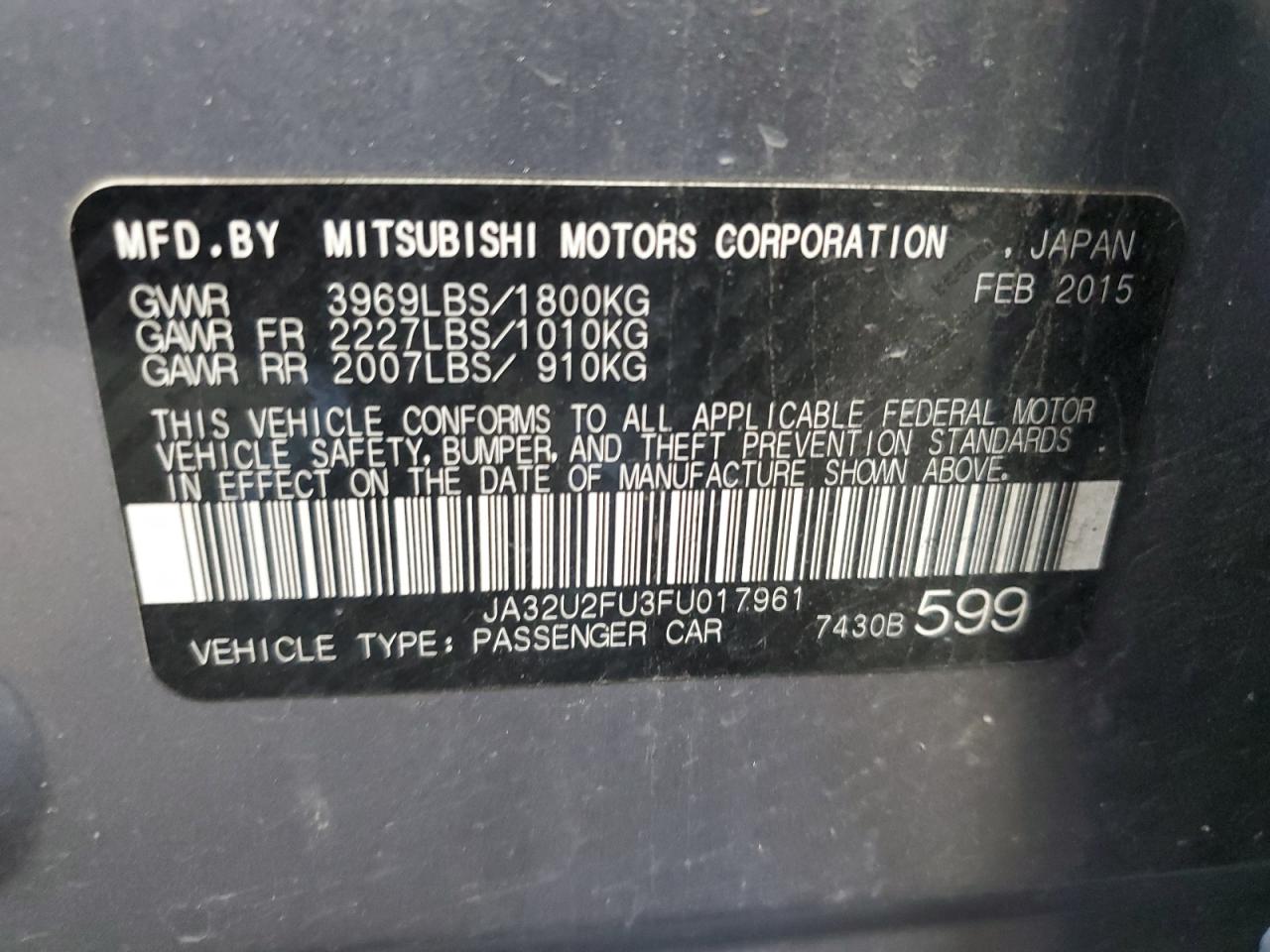 2015 Mitsubishi Lancer Es VIN: JA32U2FU3FU017961 Lot: 80612385