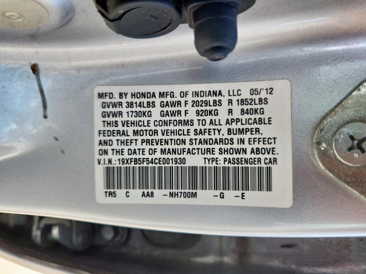 2012 Honda Civic Natural Gas VIN: 19XFB5F54CE001930 Lot: 82103785
