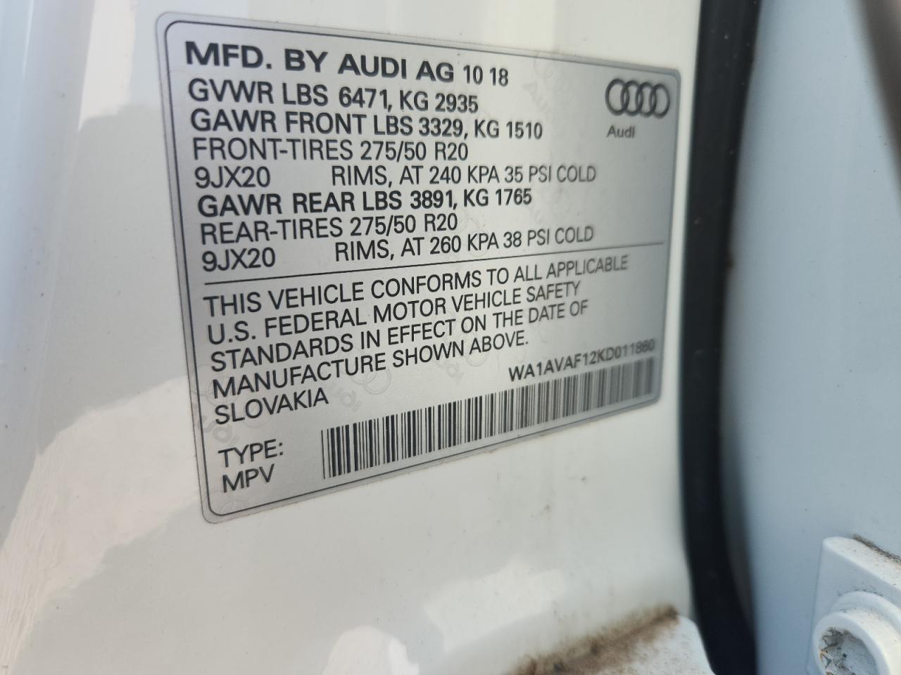 2019 Audi Q8 Premium VIN: WA1AVAF12KD011860 Lot: 80671675