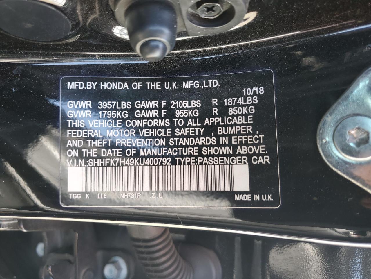 2019 Honda Civic Sport VIN: SHHFK7H49KU400792 Lot: 81743195