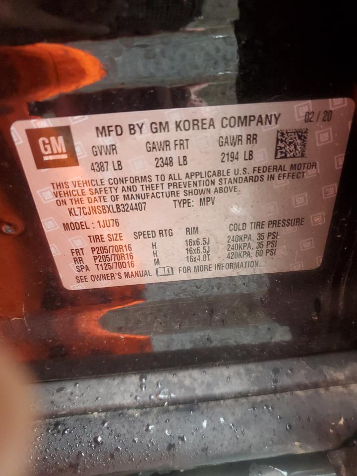 2020 Chevrolet Trax Ls VIN: KL7CJNSBXLB324407 Lot: 81593455