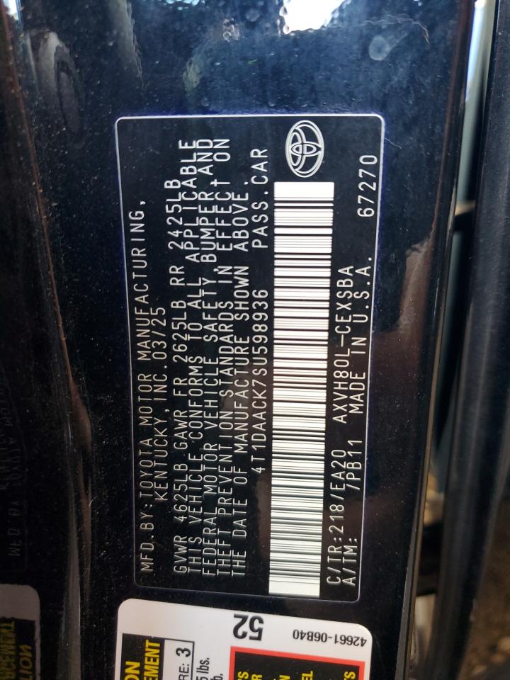 2025 Toyota Camry Xse VIN: 4T1DAACK7SU598936 Lot: 84222335