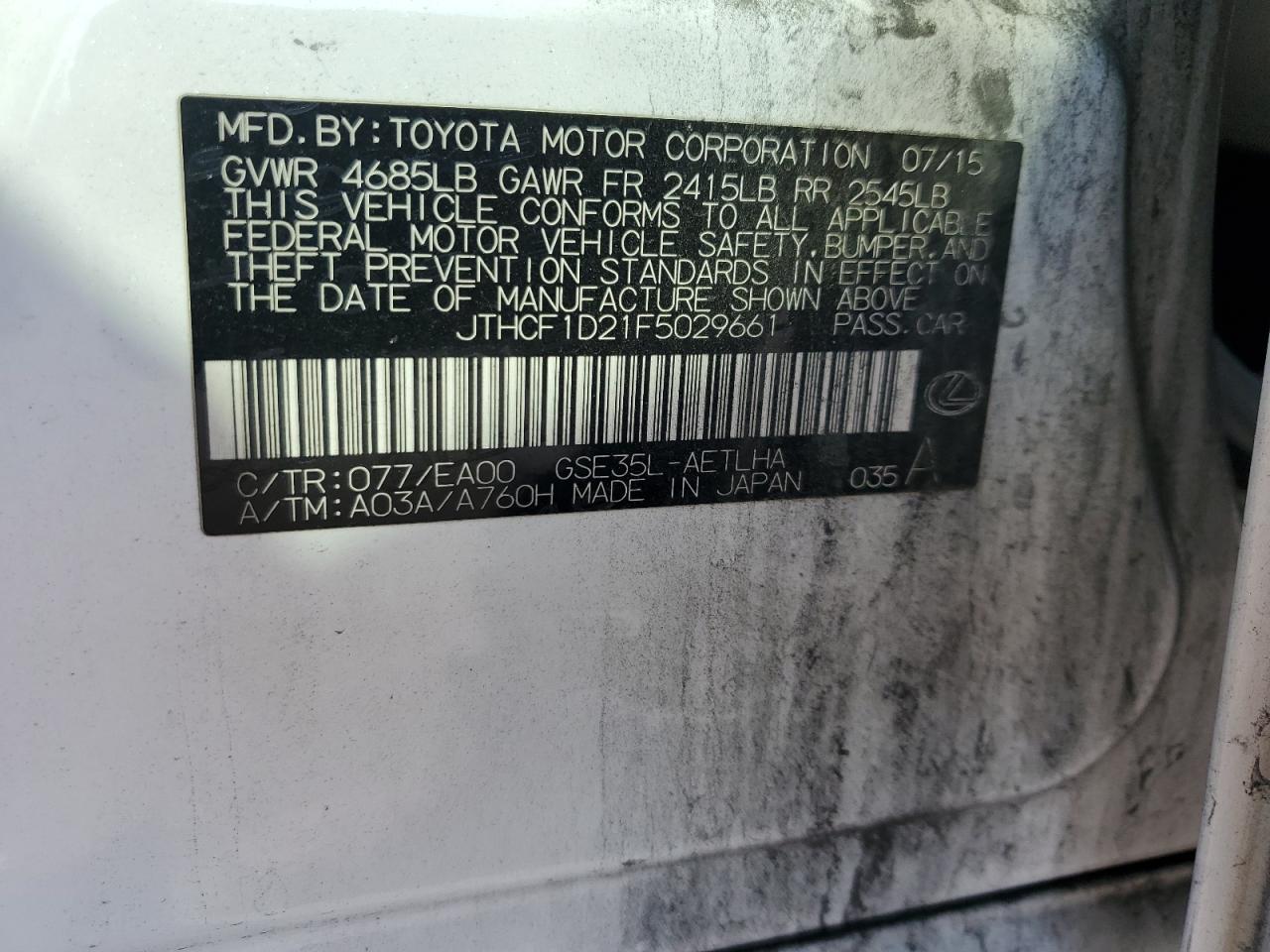 2015 Lexus Is 250 VIN: JTHCF1D21F5029661 Lot: 71435345