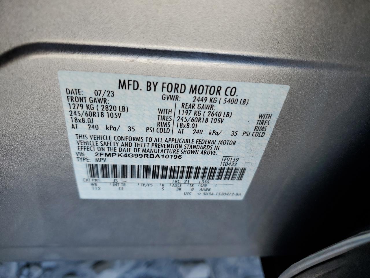 2024 Ford Edge Se VIN: 2FMPK4G99RBA10196 Lot: 80330745