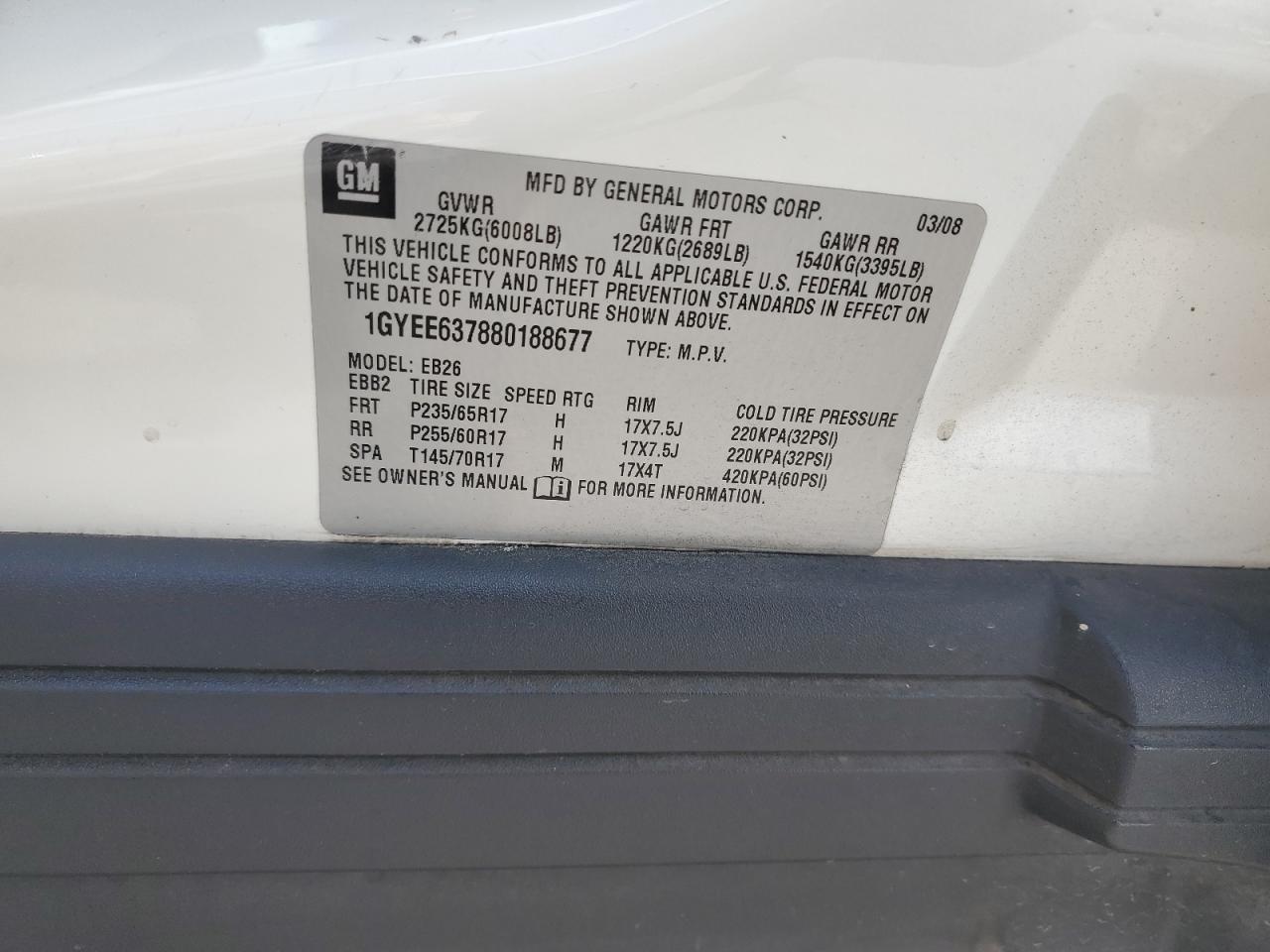 2008 Cadillac Srx VIN: 1GYEE637880188677 Lot: 81292885