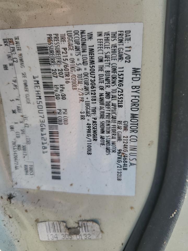 2003 Mercury Sable Gs VIN: 1MEHM50U73G612181 Lot: 84243615