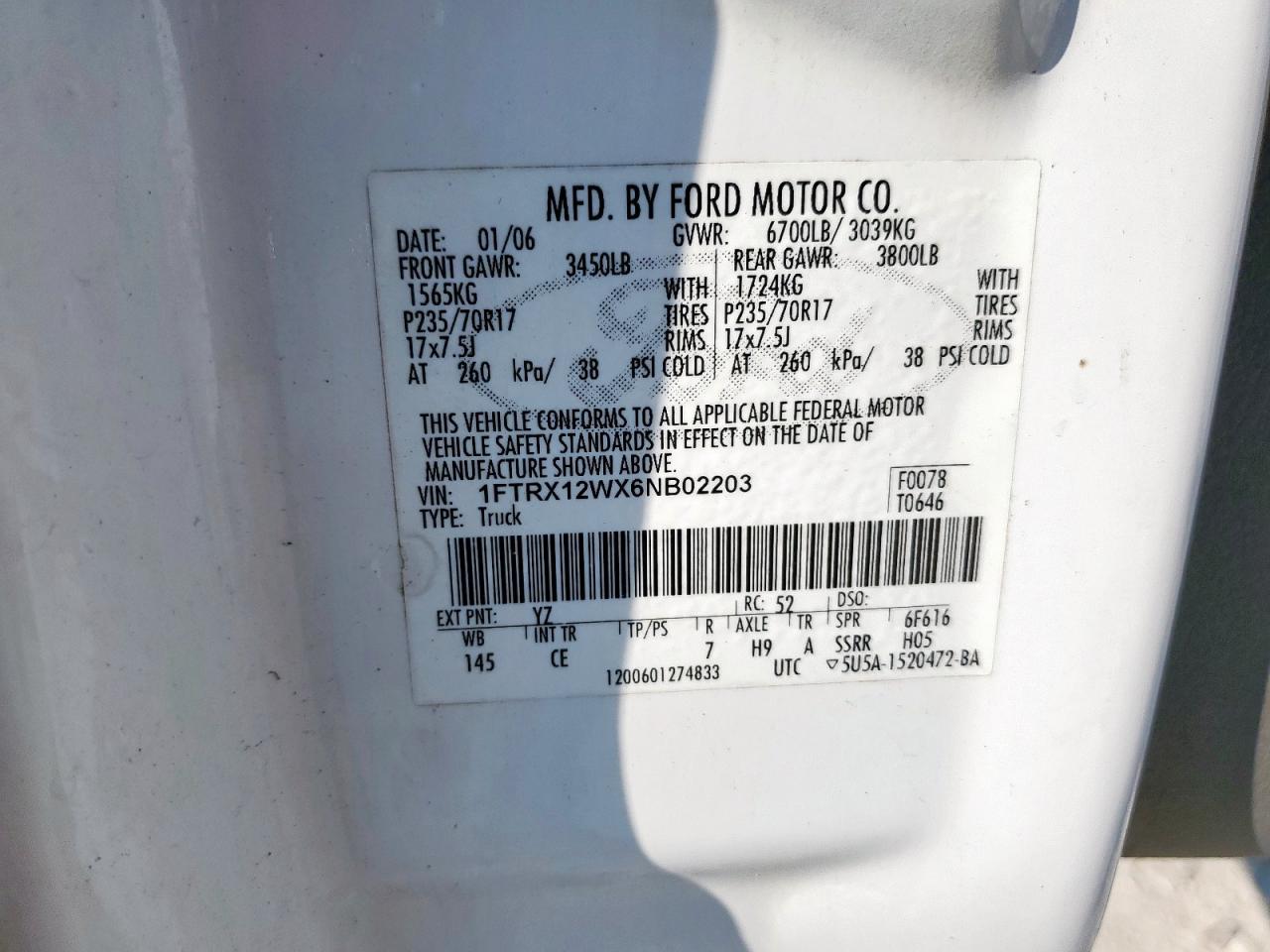 2006 Ford F150 VIN: 1FTRX12WX6NB02203 Lot: 80689035