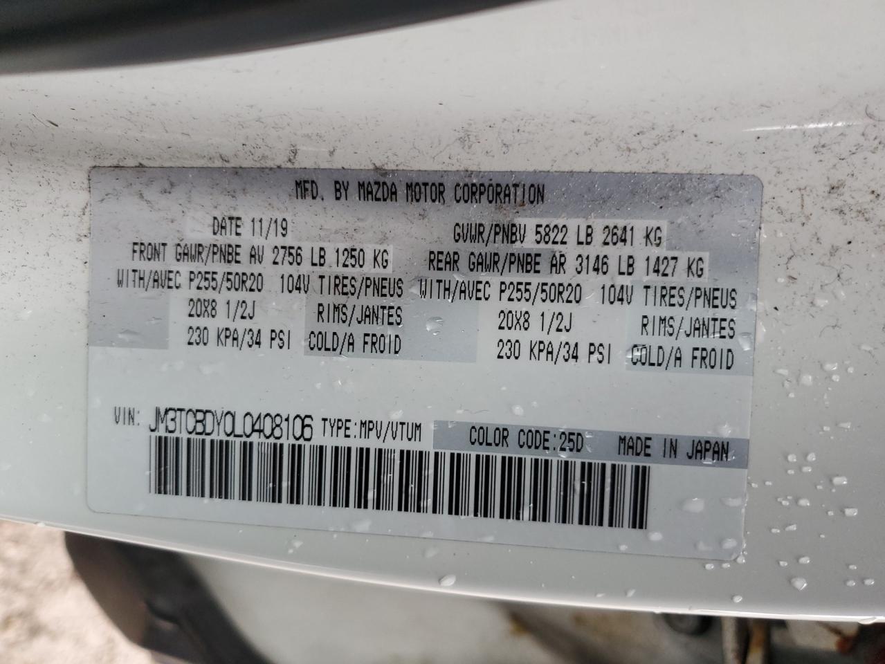 2020 Mazda Cx-9 Grand Touring VIN: JM3TCBDY0L0408106 Lot: 80747835