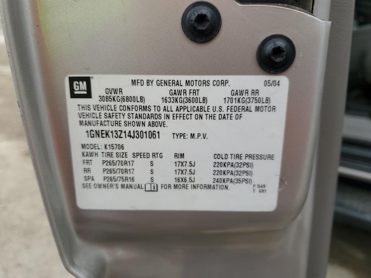 2004 Chevrolet Tahoe K1500 VIN: 1GNEK13Z14J301061 Lot: 80662275