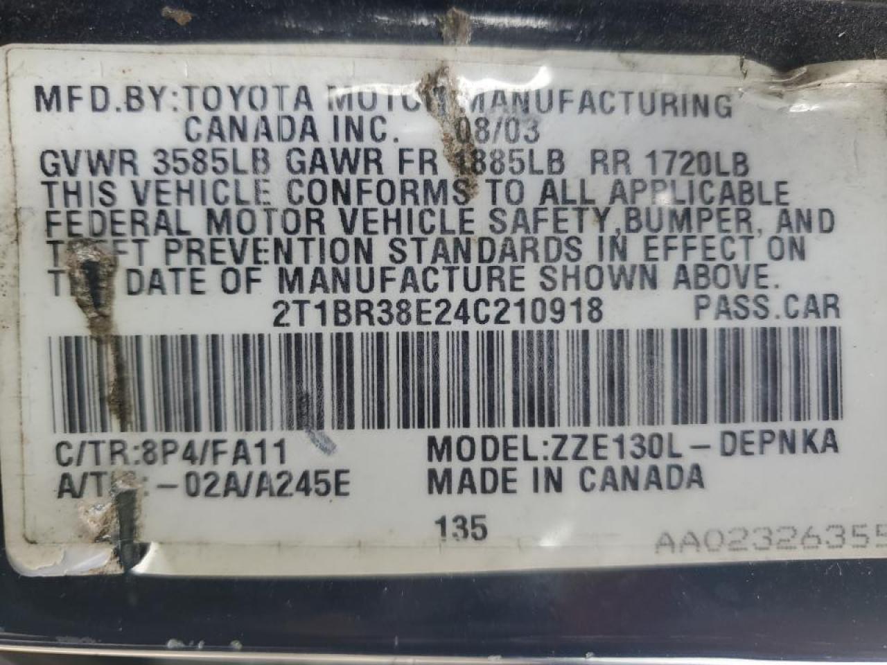 2004 Toyota Corolla Ce VIN: 2T1BR38E24C210918 Lot: 80165455