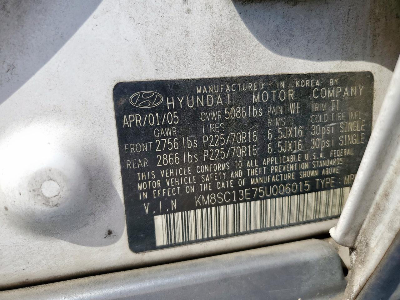 2005 Hyundai Santa Fe Gls VIN: KM8SC13E75U006015 Lot: 72052915