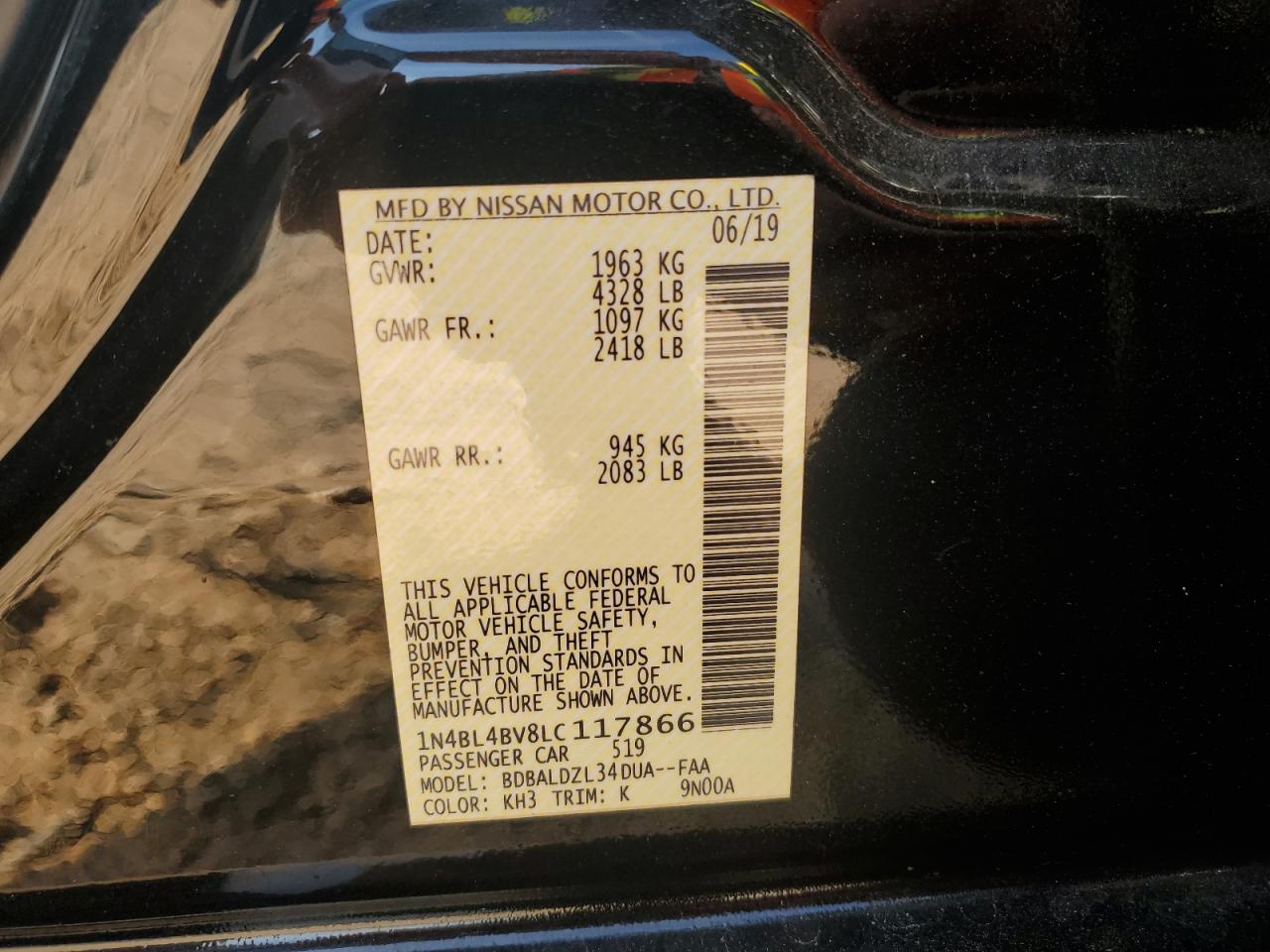 2020 Nissan Altima S VIN: 1N4BL4BV8LC117866 Lot: 82026375