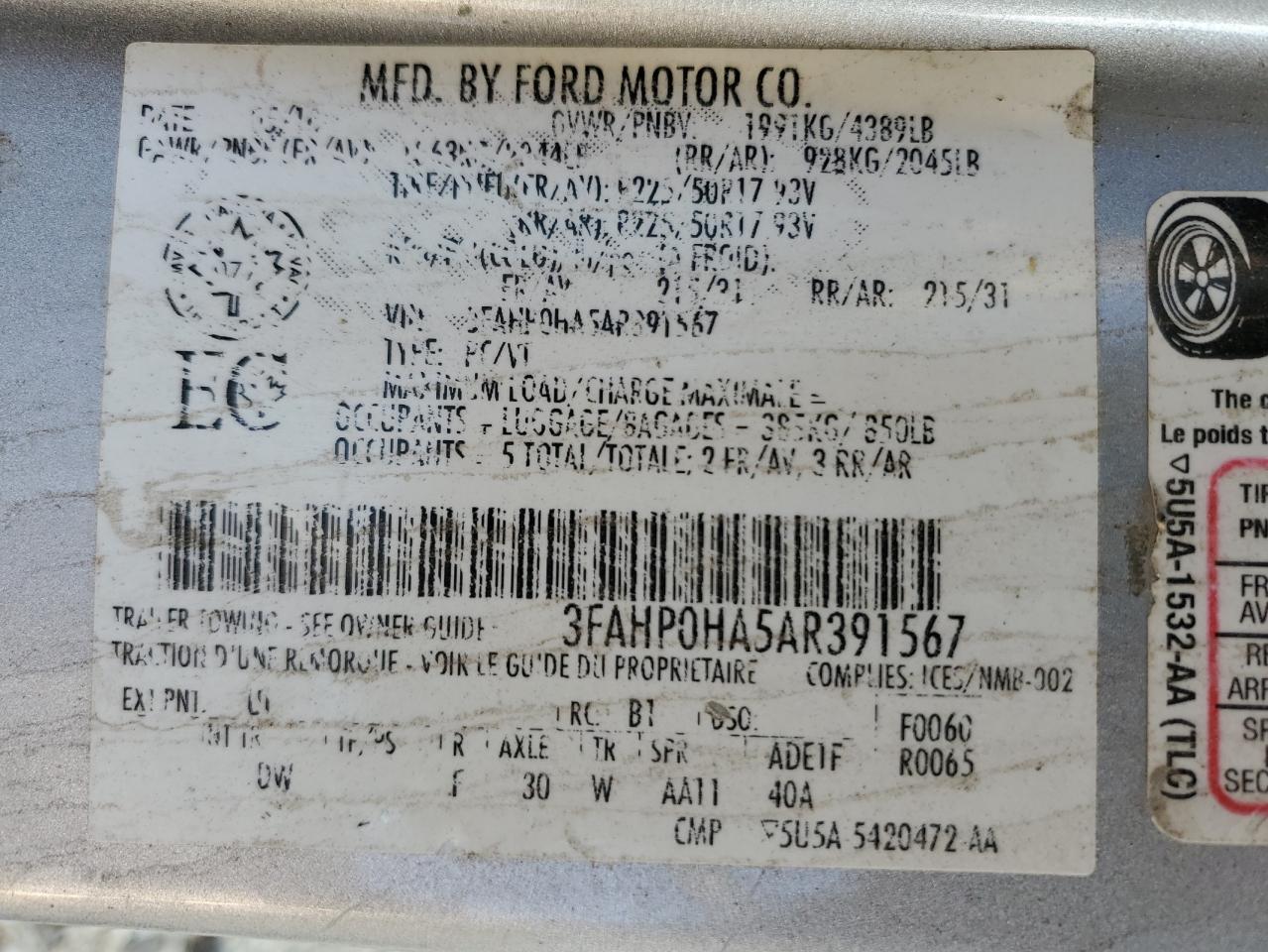 2010 Ford Fusion Se VIN: 3FAHP0HA5AR391567 Lot: 80853965