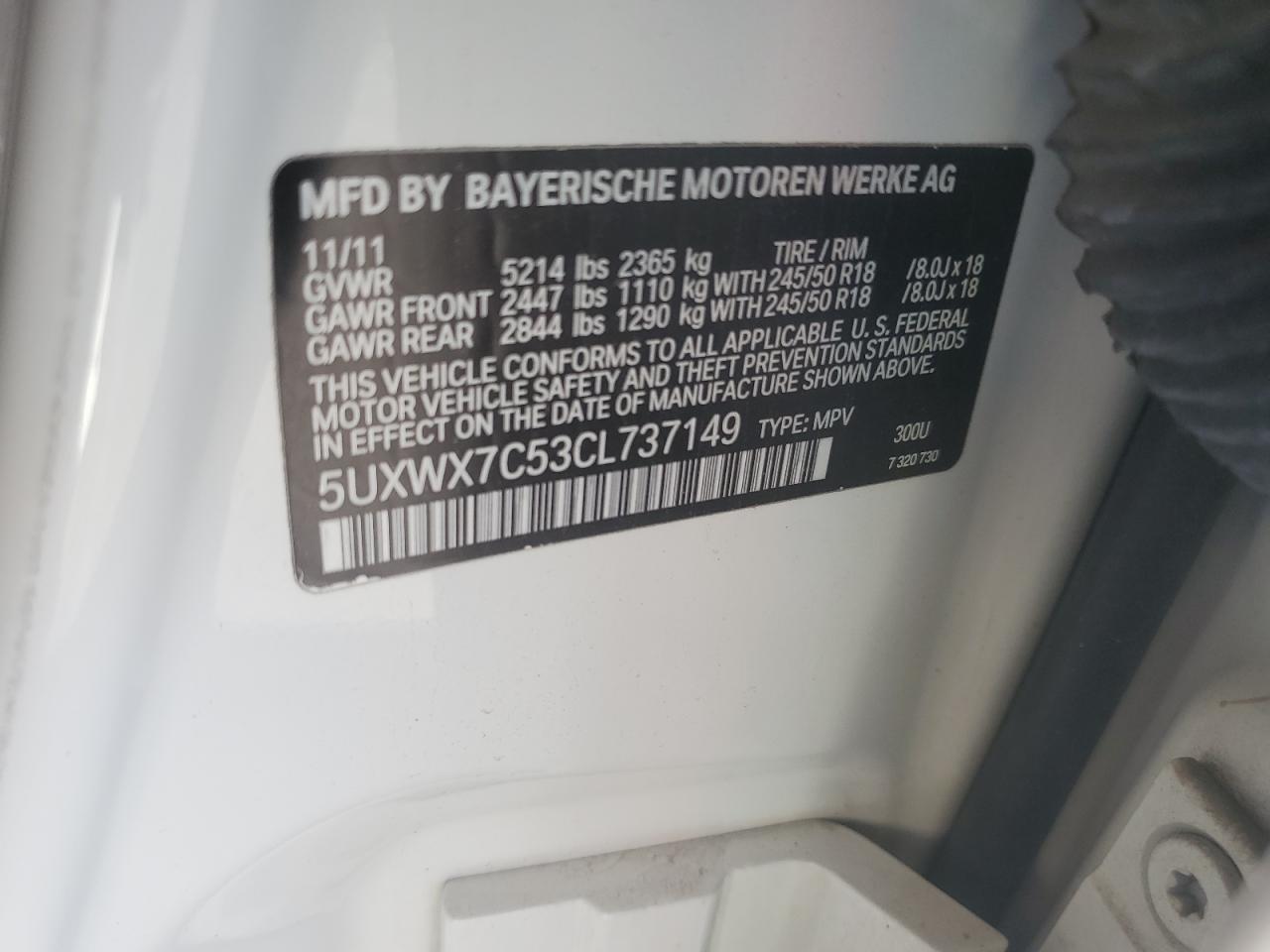 2012 BMW X3 xDrive35I VIN: 5UXWX7C53CL737149 Lot: 80429355