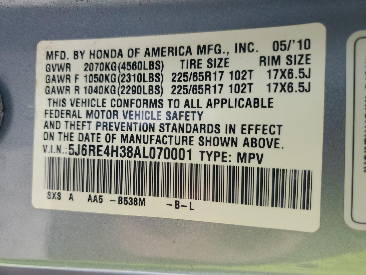 2010 Honda Cr-V Lx VIN: 5J6RE4H38AL070001 Lot: 82059465