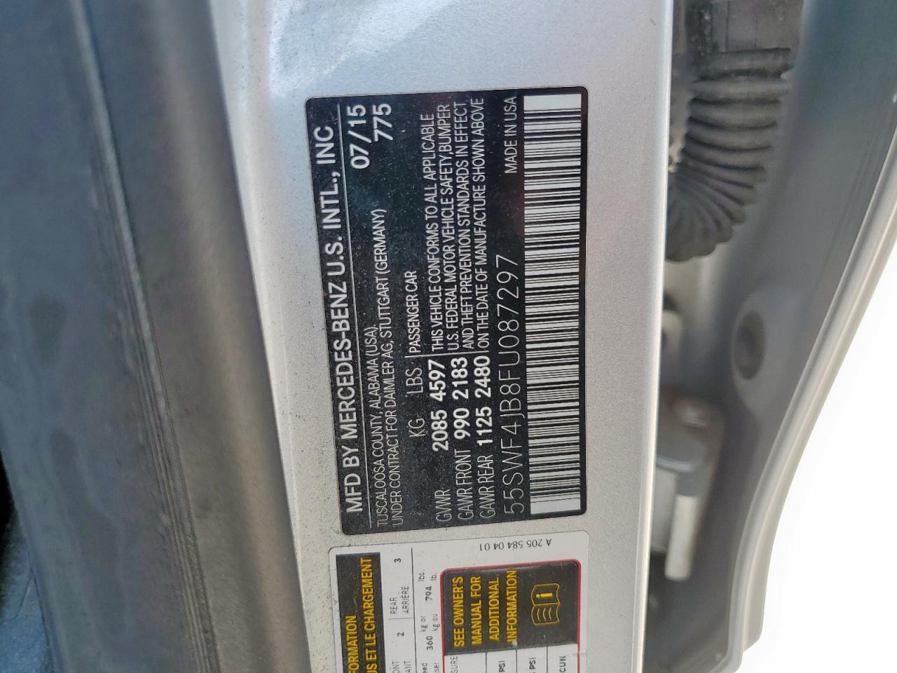 2015 Mercedes-Benz C 300 VIN: 55SWF4JB8FU087297 Lot: 72065175