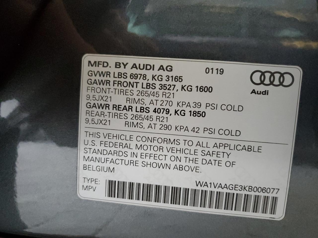 2019 Audi E-Tron Prestige VIN: WA1VAAGE3KB006077 Lot: 80160465