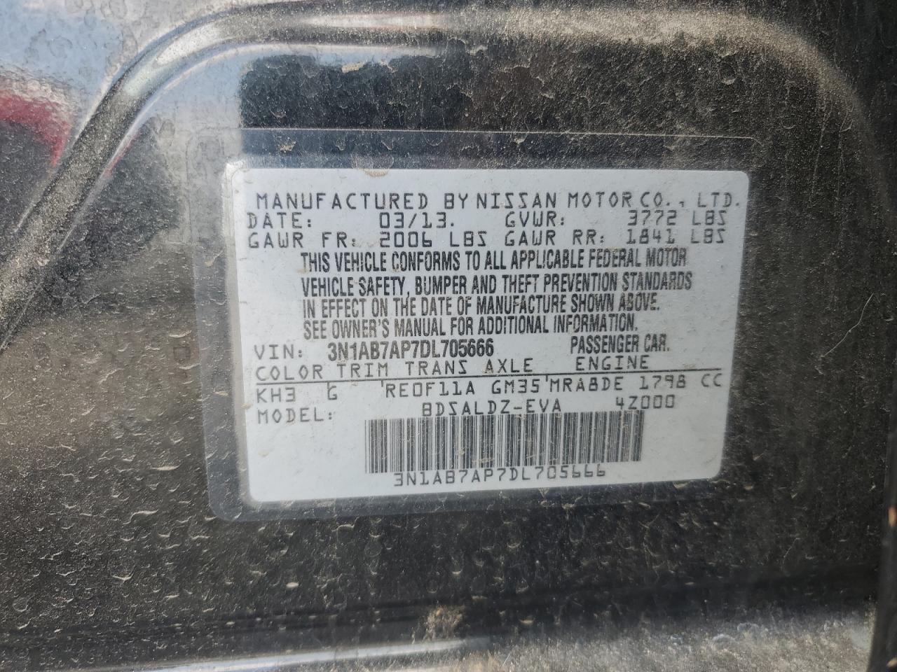 2013 Nissan Sentra S VIN: 3N1AB7AP7DL705666 Lot: 81068805