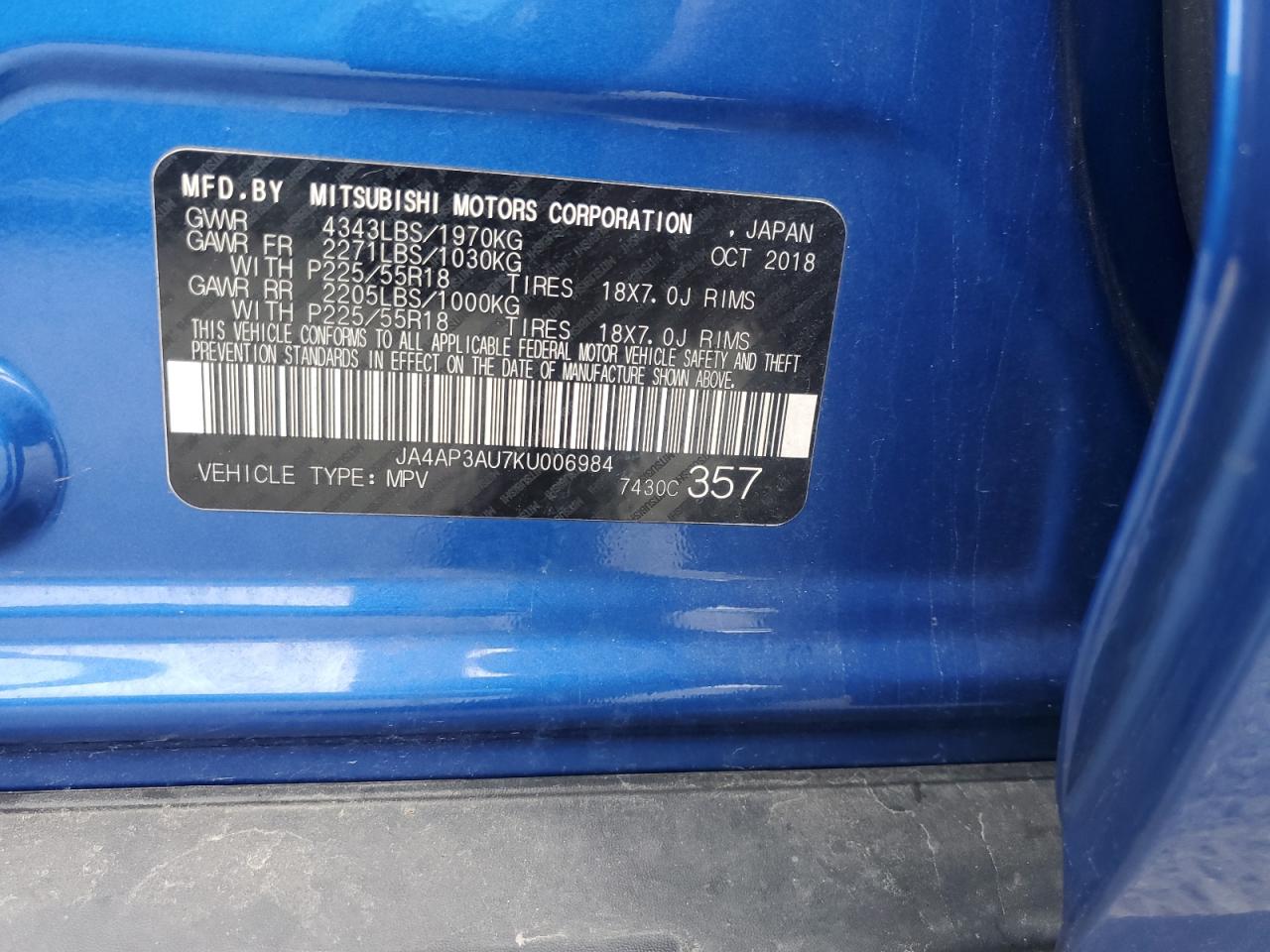 2019 Mitsubishi Outlander Sport Es VIN: JA4AP3AU7KU006984 Lot: 82067625
