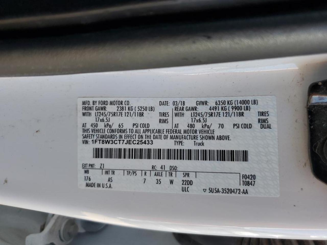 2018 Ford F350 Super Duty VIN: 1FT8W3CT7JEC25433 Lot: 80100615