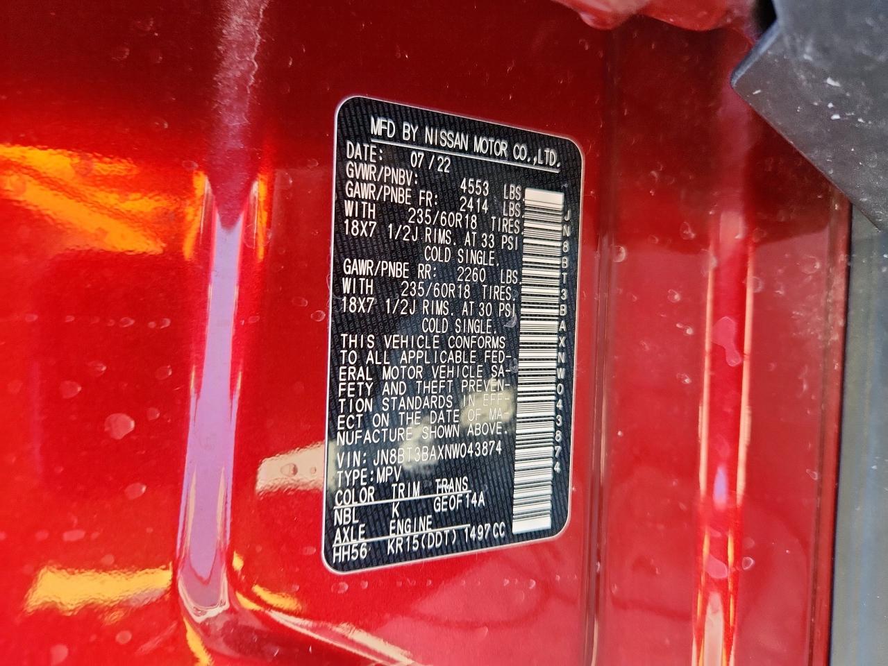 2022 Nissan Rogue Sv VIN: JN8BT3BAXNW043874 Lot: 71210375