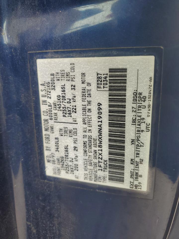1998 Ford F150 VIN: 1FTZX18WXWNA19099 Lot: 84722495