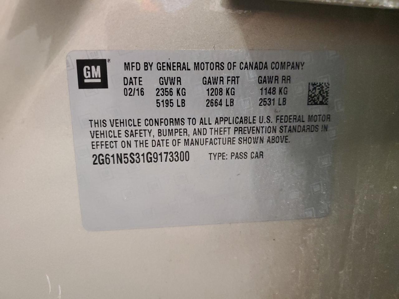 2016 Cadillac Xts Luxury Collection VIN: 2G61N5S31G9173300 Lot: 84648415