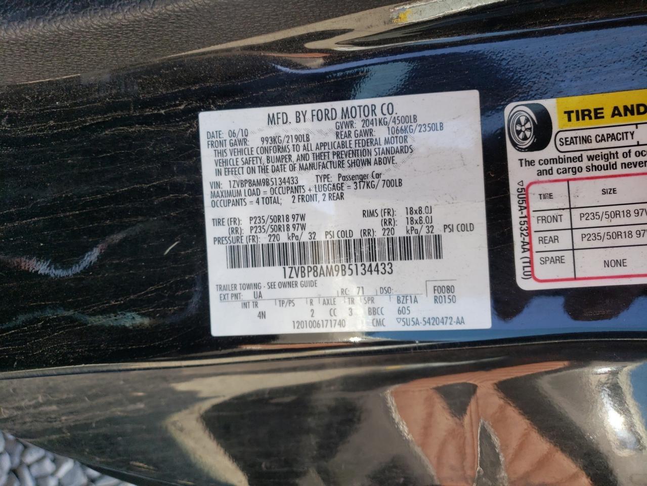 2011 Ford Mustang VIN: 1ZVBP8AM9B5134433 Lot: 80301575