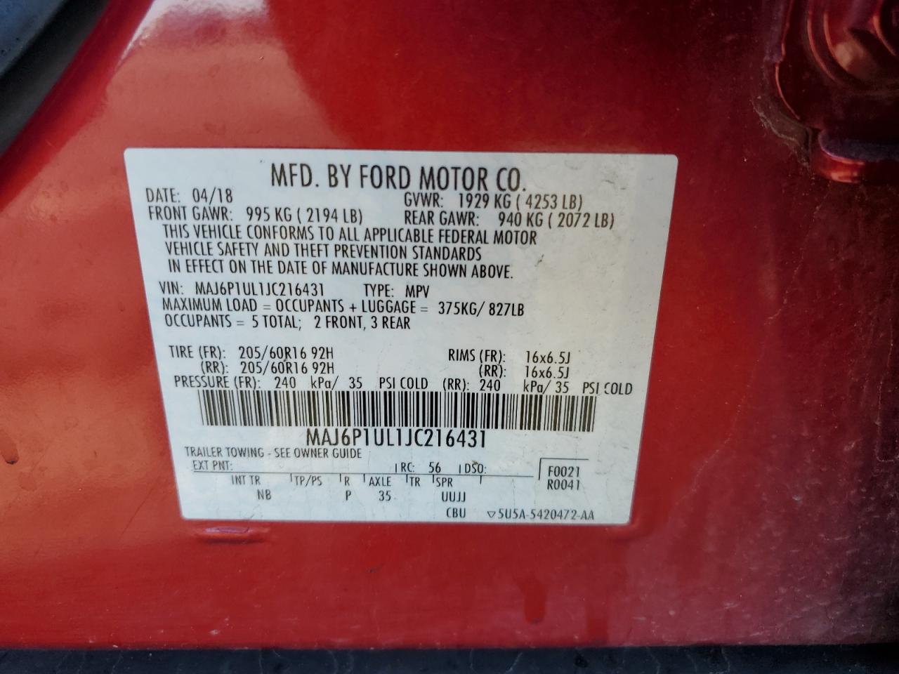 2018 Ford Ecosport Se VIN: MAJ6P1UL1JC216431 Lot: 81615605