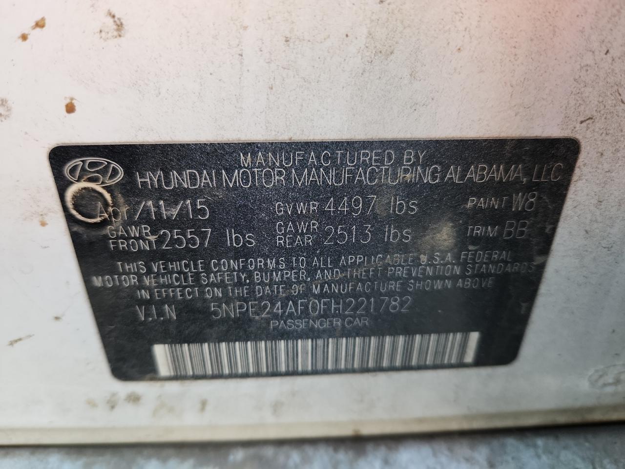 2015 Hyundai Sonata Se VIN: 5NPE24AF0FH221782 Lot: 80640405