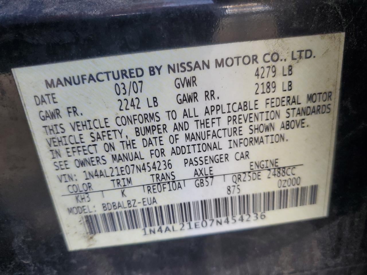 2007 Nissan Altima 2.5 VIN: 1N4AL21E07N454236 Lot: 81302575