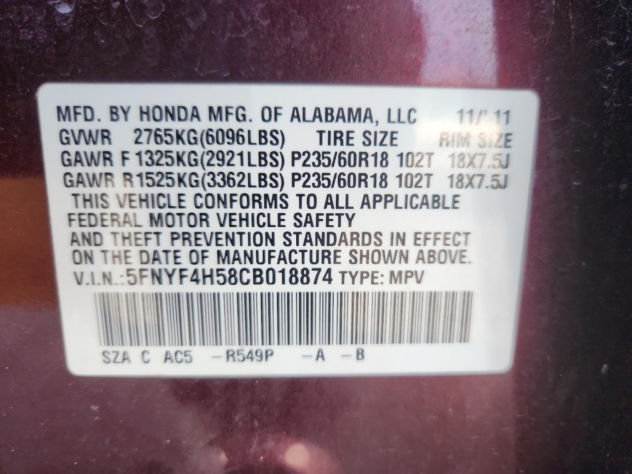 2012 Honda Pilot Exl VIN: 5FNYF4H58CB018874 Lot: 80891415