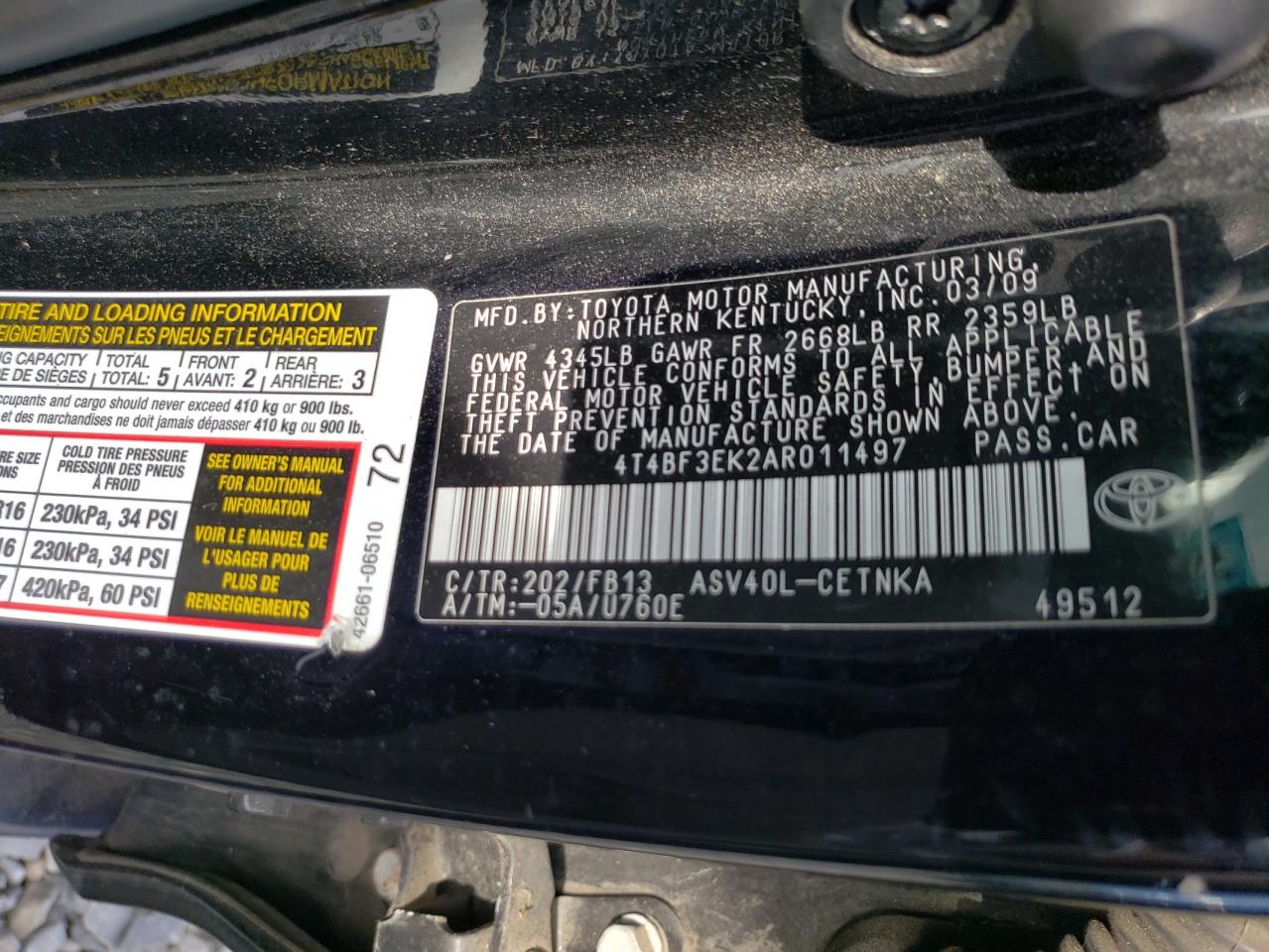 2010 Toyota Camry Base VIN: 4T4BF3EK2AR011497 Lot: 84434645