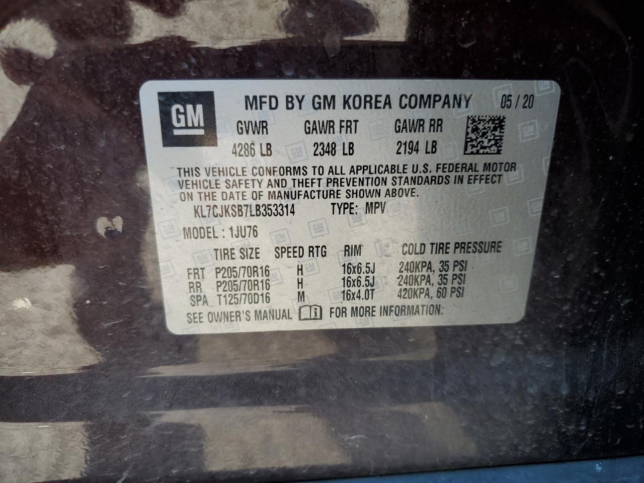 2020 Chevrolet Trax Ls VIN: KL7CJKSB7LB353314 Lot: 80910195