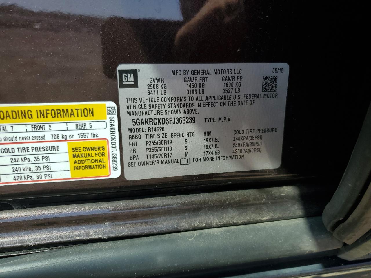 2015 Buick Enclave VIN: 5GAKRCKD3FJ368239 Lot: 72089255