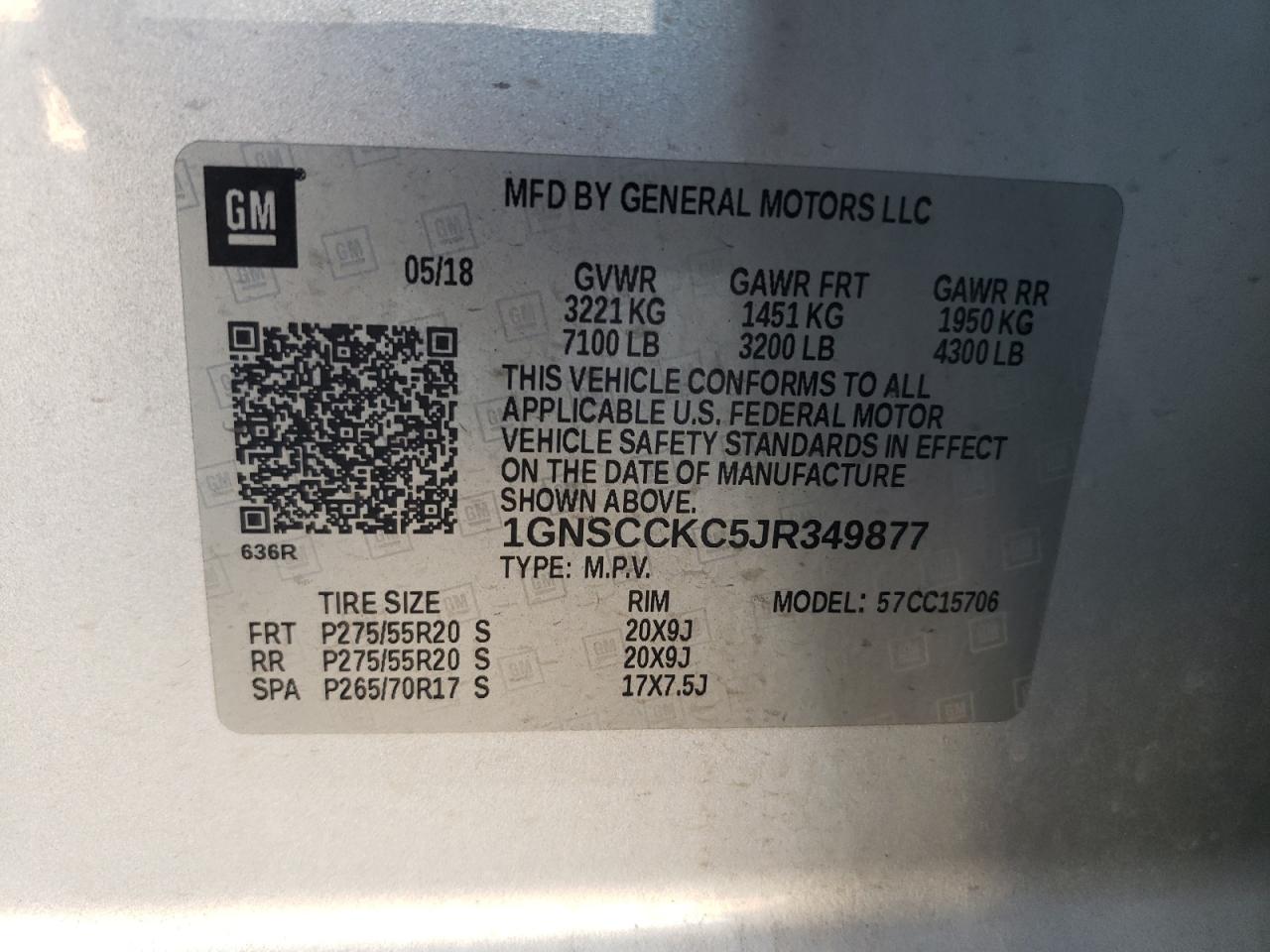 2018 Chevrolet Tahoe C1500 Premier VIN: 1GNSCCKC5JR349877 Lot: 84192895