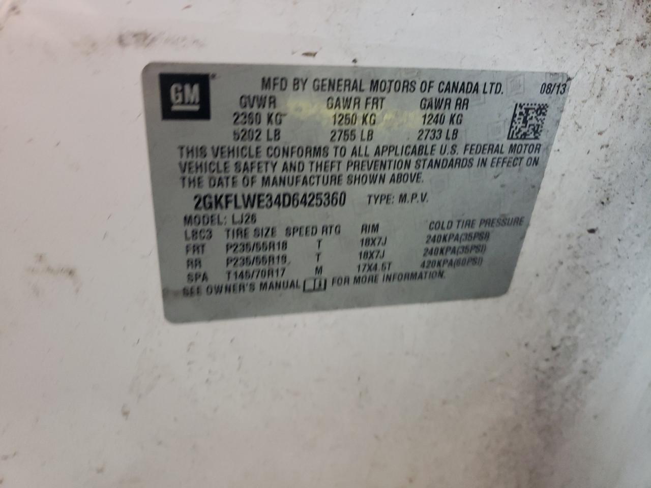 2013 GMC Terrain Slt VIN: 2GKFLWE34D6425360 Lot: 82116545