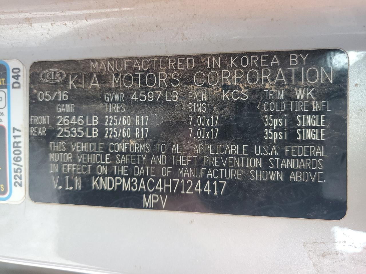 2017 Kia Sportage Lx VIN: KNDPM3AC4H7124417 Lot: 80893265