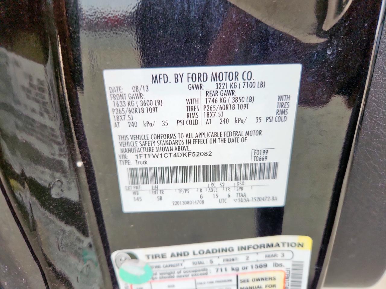 2013 Ford F150 Supercrew VIN: 1FTFW1CT4DKF52082 Lot: 81415615